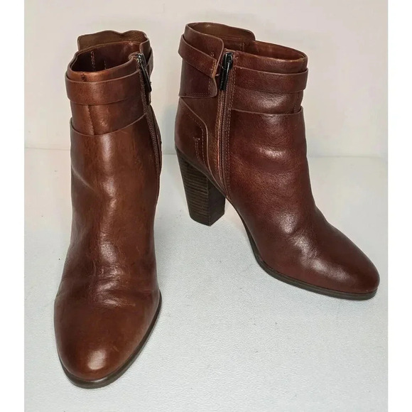 Vince Camuto Faythe Boots Brown Leather Heeled Layered Bootie Womens Size 9 M - Picture 1 of 10
